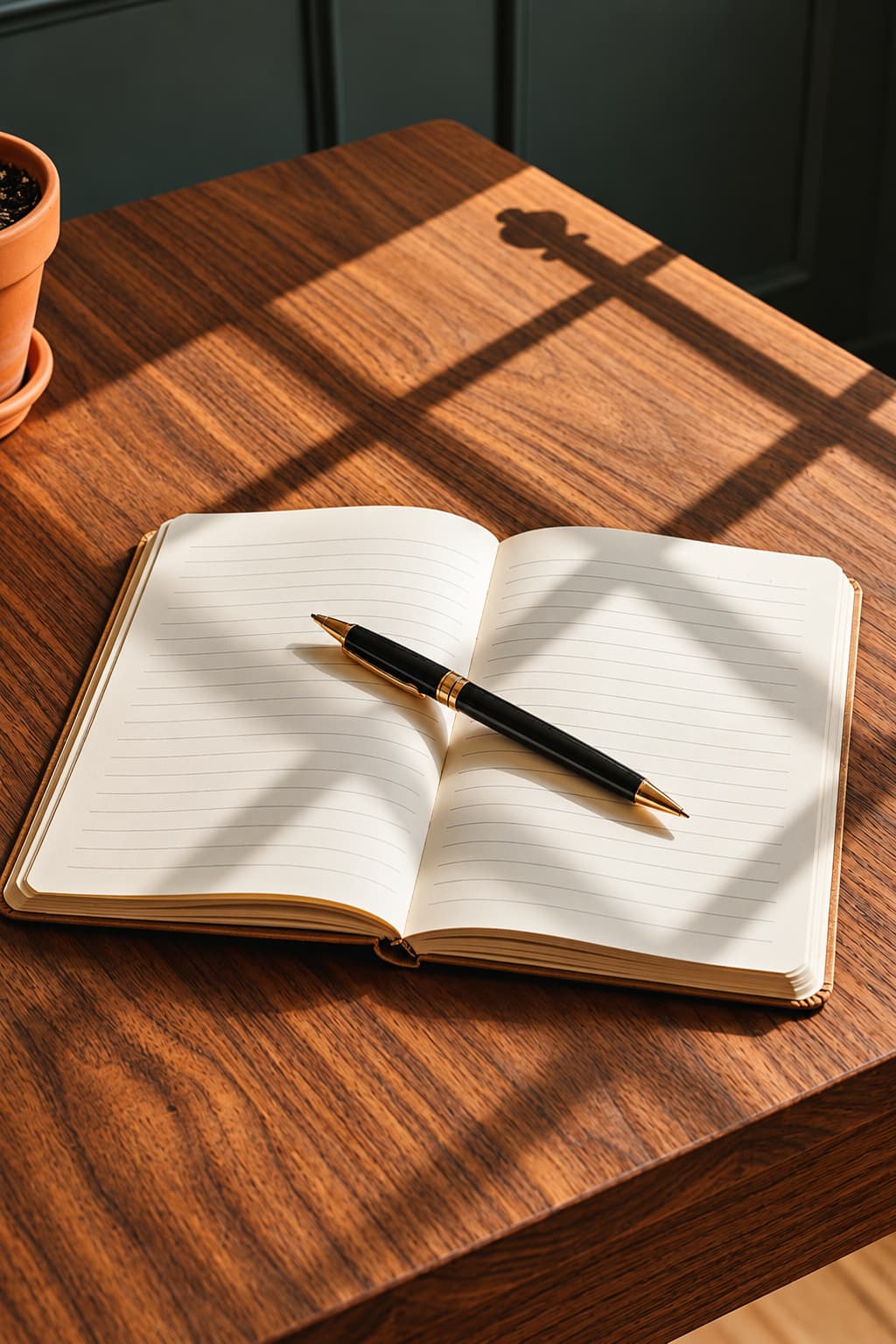 An open journal and pen on a sunlit wooden desk