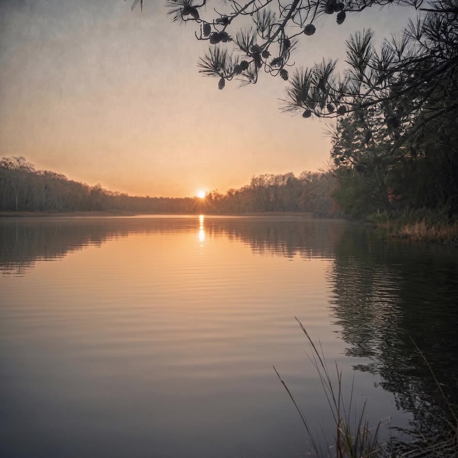 The lake at dusk, the sun low over the far shore