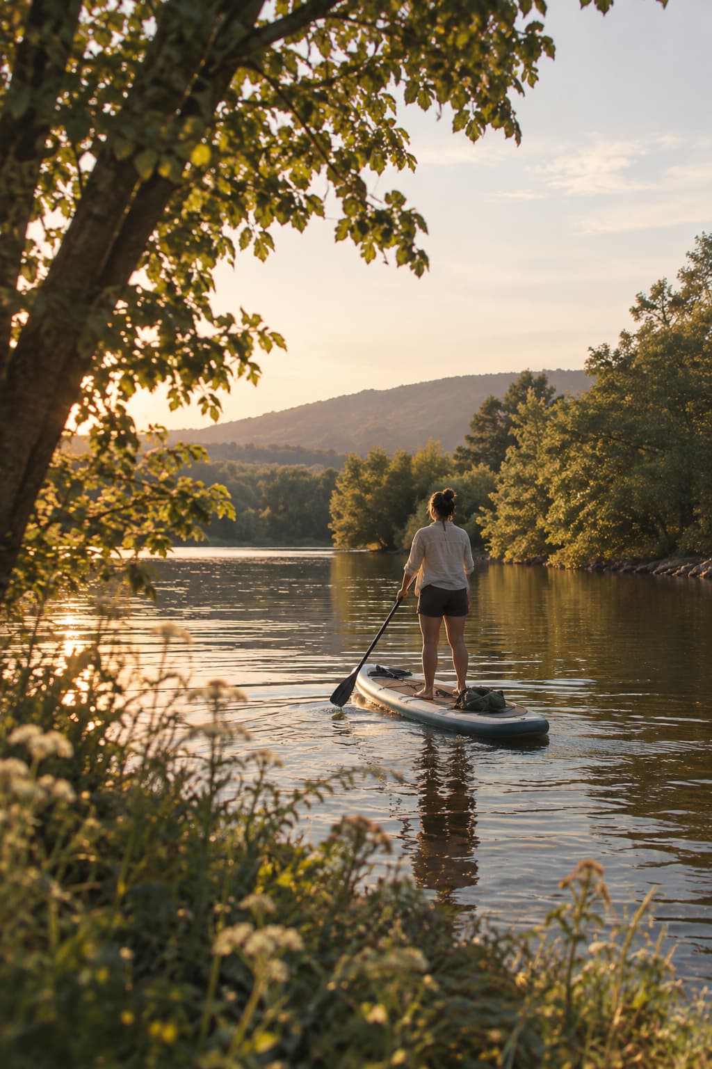 A woman paddleboarding on a calm lake at sunset