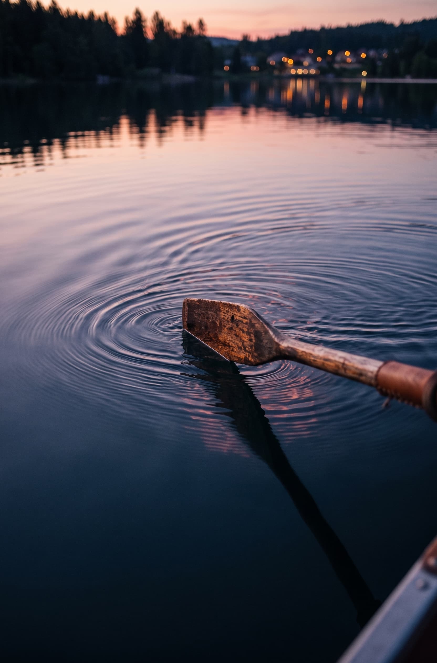 An oar resting in still lake water at dusk