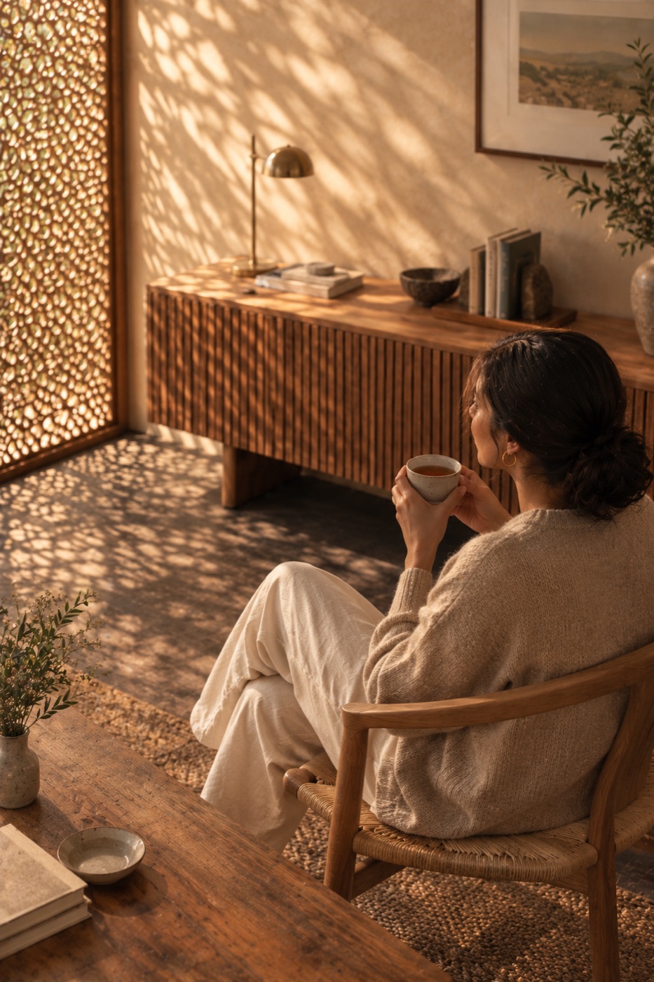 A woman enjoying tea in warm, dappled afternoon light