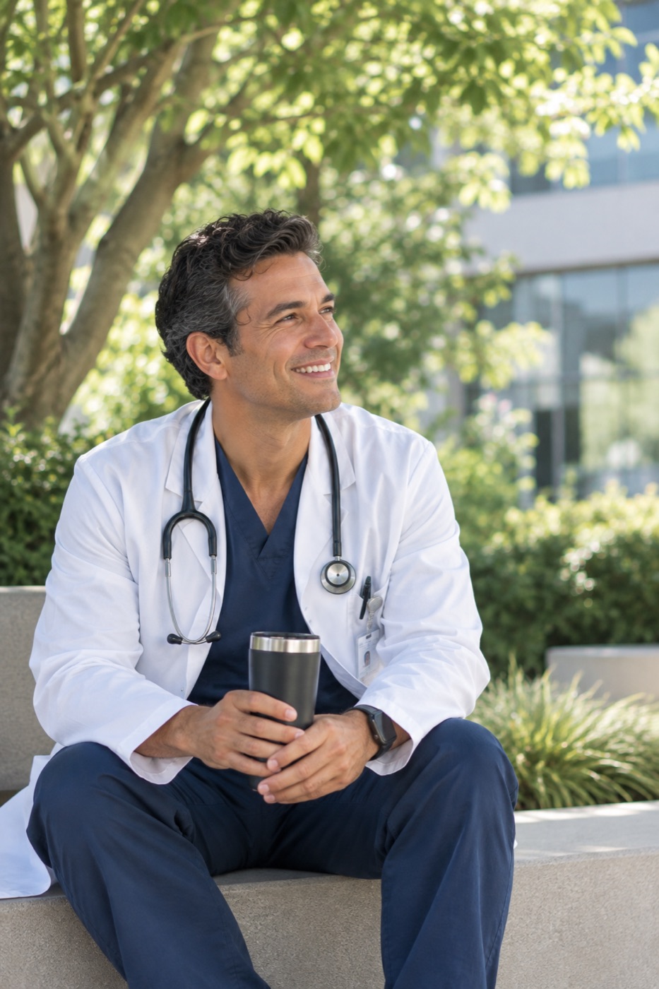 A physician smiling outdoors, coffee in hand under the trees