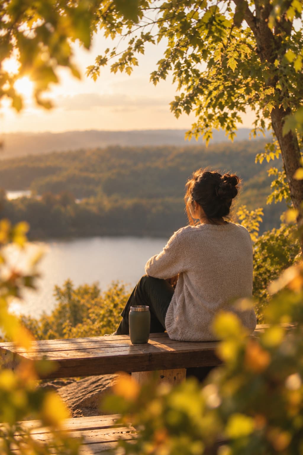 A woman sitting quietly overlooking a lake at golden hour